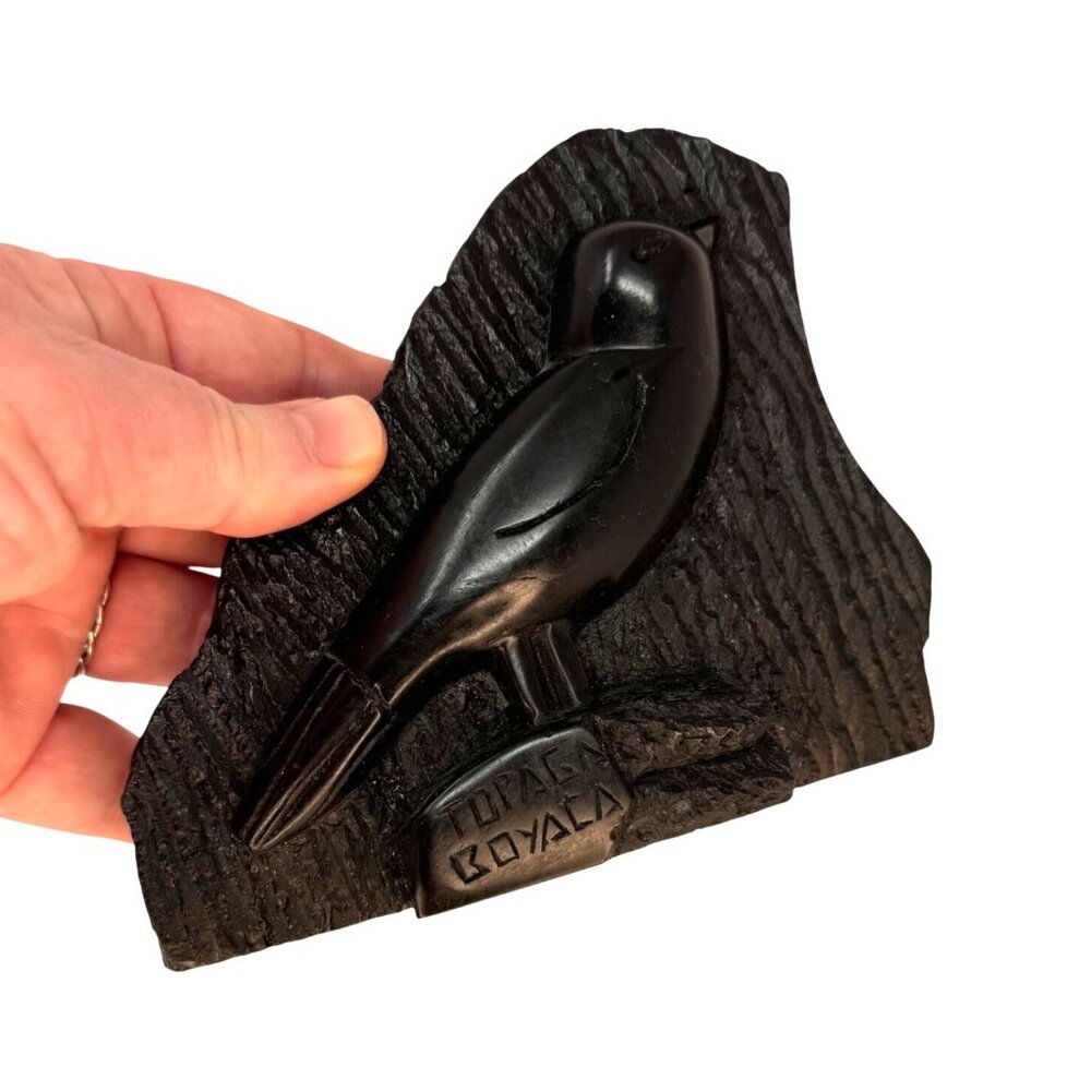 Vtg Obsidian Quartz Crystal Carved Crow Raven Bird Polished Figurine Columbia